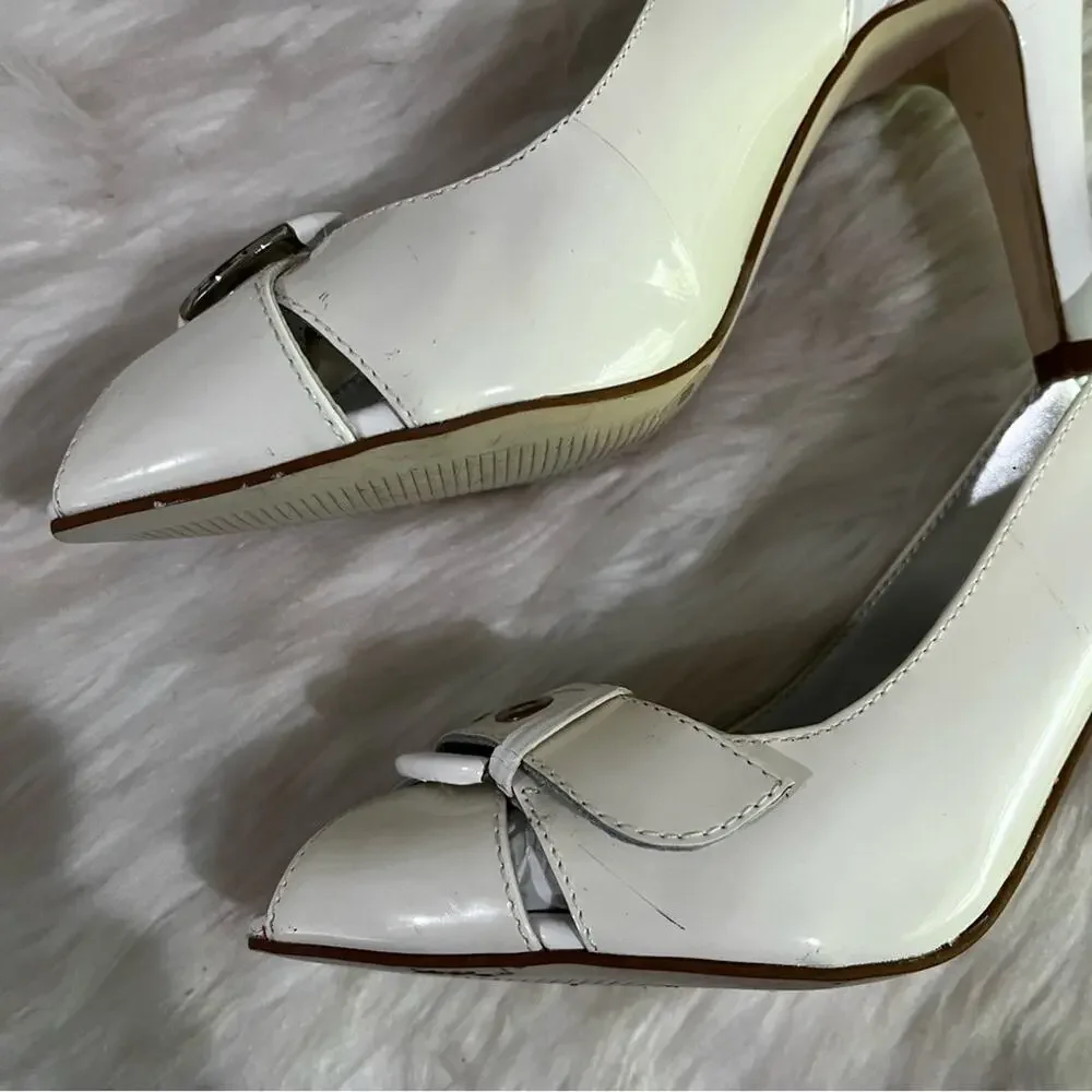 NEW BCBG Girls Patent Leather Buckle Peep Toe Slingback Heels White 36 6 AS IS